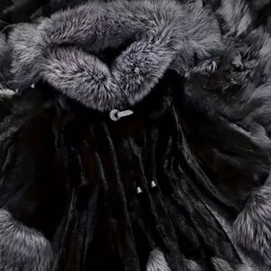 Black Faux Fur Coat with Gray Trim